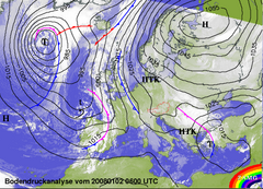 Satellitenbild mit &uuml;berlagerter Bodenwetterkarte