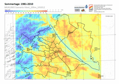 Wien - Anzahl der Sommertage pro Jahr für den Zeitraum 1981-2010 berechnet mit MUKLIMO_3 im Vergleich zu langjährigen Stationsdaten. Wien - Anzahl der Sommertage pro Jahr für den Zeitraum 1981-2010 berechnet mit MUKLIMO_3 im Vergleich zu langjährigen Stationsdaten.