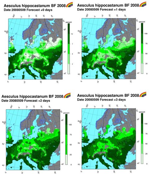 Abbildung: Beispiel einer Vorhersage der Ph&auml;nologie von "Rosskastanie Beginn der Bl&uuml;te" f&uuml;r den 9. Mai 2008. Dargestellt ist der Prozentsatz der Pflanzen in jeder Gitterfl&auml;che, bei denen die Phase eingetreten ist.