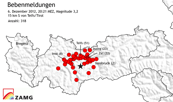 Erdbeben in den Stubaier Alpen in Tirol am 6. Dezember 2012