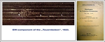 Linke Abb.: Seismogramm des Tauernbebens mit dem Epizentrum in Tamsweg am 28. November 1923 und einer Magnitude 4,8; rechte Abb.: Publikation “Laufzeitkurven des Tauernbebens vom 28. November 1923”. © ZAMG Geophysik Hammerl