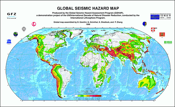 Weltkarte der Erdbebengefährdung (www.seismo.ethz.ch/static/GSHAP)