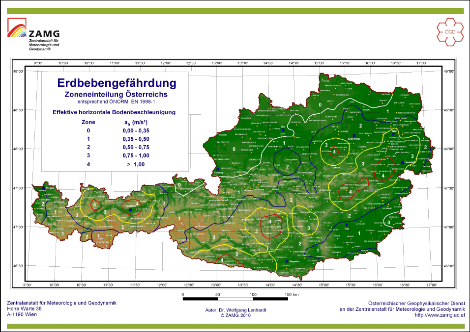 Erdbebengefährdungszonen von Österreich nach ÖNORM EN 1998-1.  © ZAMG Geophysik 