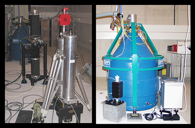 Experiment (links) zur Kalibrierung des Supraleitenden Gravimeters (rechts) im Conrad Observatorium. © ZAMG Geophysik
