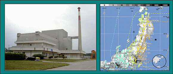 Das nie in Betrieb gegangene Atomkraftwerk Zwentendorf und das Epizentrum des Tohoku-Seebebens mit Magnitude 9 am 11. März 2011 