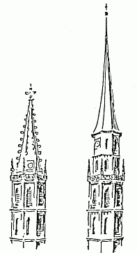 Die Abbildung zeigt den Turm der Michaelerkirche in Wien nach Kieslinger (1953). Links: Vor dem Beben (nach einem Stich von 1558). Rechts: Nach dem Wiederaufbau 1594 des beim Beben zerstörten Turmes. Der neue Turm ist um ca. 16 Meter höher als der Alte.