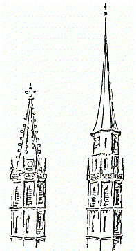Die Abbildung zeigt den Turm der Michaelerkirche in Wien nach Kieslinger (1953). Links: Vor dem Beben (nach einem Stich von 1558). Rechts: Nach dem Wiederaufbau 1594 des beim Beben zerstörten Turmes. Der neue Turm ist um ca. 16 Meter höher als der Alte.