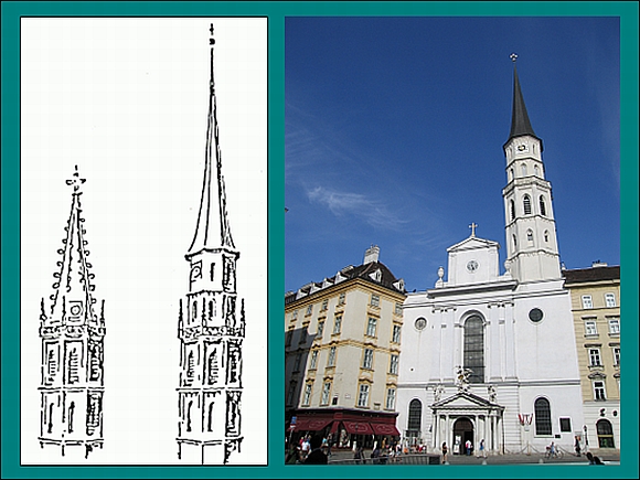 Die Abbildungen zeigen den Turm der Michaelekirche vor dem Beben 1590 sowie nach dem Wiederaufbau. © ZAMG Geophysik 