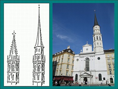 Die Abbildungen zeigen den Turm der Michaelekirche vor dem Beben 1590 sowie nach dem Wiederaufbau. © ZAMG Geophysik 