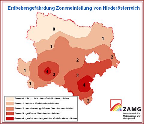 Erdbebengefährdung Zoneneinteilung von Niederösterreich. © ZAMG Geophysik 