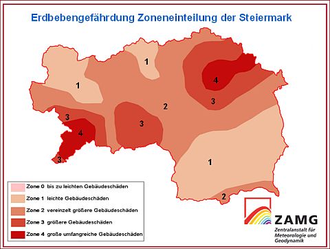 Erdbebengefährdungskarte der Steiermark. © ZAMG Geophysik  