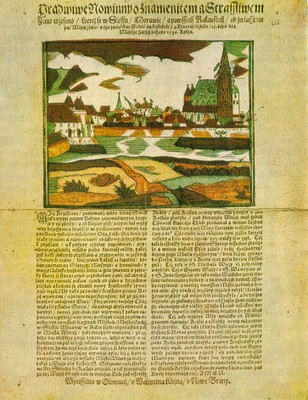 Flugblatt – kolorierter Holzschnitt – aus Olomouc (Tschechien), gedruckt anlässlich des Erdbebens am Riederberg von 1590 