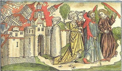 Holzschnitt aus der 'Weltchronik' von Hartmann Schedel, 1493. 'Und der Engel nahm das Rauchfaß und füllte es mit Feuer vom Altar und warf es auf die Erde, und Donner folgten, Getöse, Blitze und Beben.' Offenbarung 8,5. © ZAMG Geophysik Hammerl