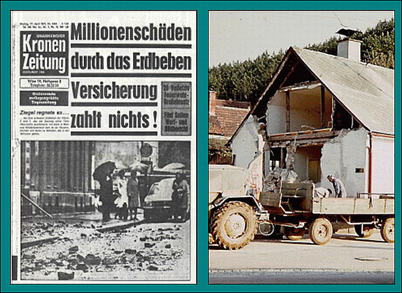 Krone-Schlagzeile am Tag nach dem Beben in Seebenstein 1972 sowie Aufräumarbeiten nach dem Beben 1972. Wimpassing im Schwarzatal an der B17 (NÖ). 