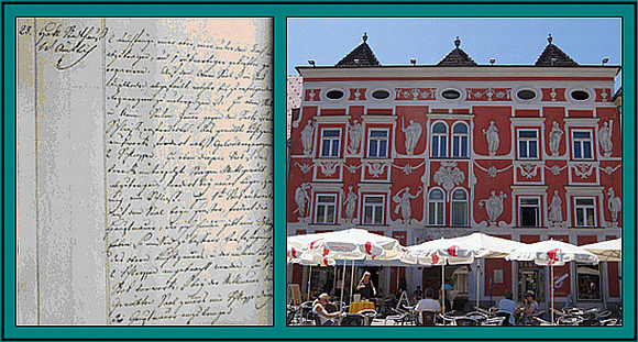 Akten des historischen Archivs der Stadt Leoben am Museum, E7 Elementarereignisse. Hauptplatz Nr. 9/ CN 28/ alt 28 Comendanten Wohnung im Haklhaus, aus dem Schadenserhebungprotokoll. © Christa Hammerl sowie das Haklhaus heute © Teresa Hammerl