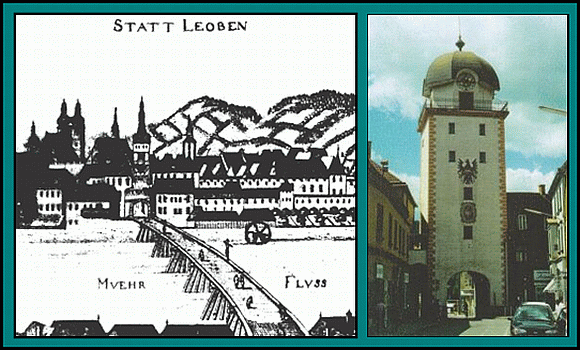 Leoben mit dem ehemaligen „Mautthorturm“ vor dem Erdbeben 1794 zeigt der Kupferstich aus dem Jahre 1681 und das Dach des ehemaligen „Mauttorturm“ wurde nach dem schwersten Erdbeben der Stadt zum Schwammerlturm. 