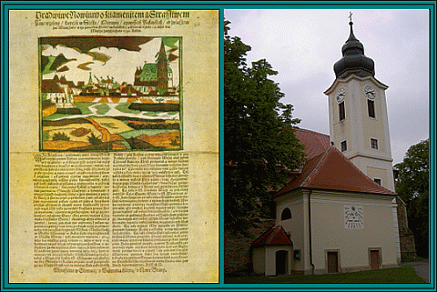 Linke Abb.- Quelle: Flugblatt – kolorierter Holzschnitt – aus Olomouc (Tschechien), gedruckt anlässlich des Erdbebens in Ried am Riederberg von 1590. Rechte Abb.: Kirche in Zwentendorf beim Beben beschädigt. 