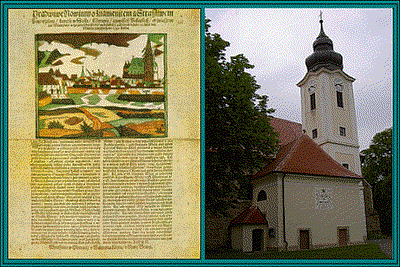 Linke Abb.- Quelle: Flugblatt – kolorierter Holzschnitt – aus Olomouc (Tschechien), gedruckt anlässlich des Erdbebens in Ried am Riederberg von 1590. Rechte Abb.: Kirche in Zwentendorf beim Beben beschädigt. 