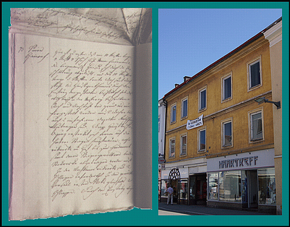 Akten des historischen Archivs der Stadt Leoben am Museum, E7 Elementarereignisse. Originaldokument des Berichtes der „Augenscheins-Commission” für das Leobner Haus mit der (damals gültigen) Konskriptionsnummer 75 (heute: Krottendorfergasse 1) 