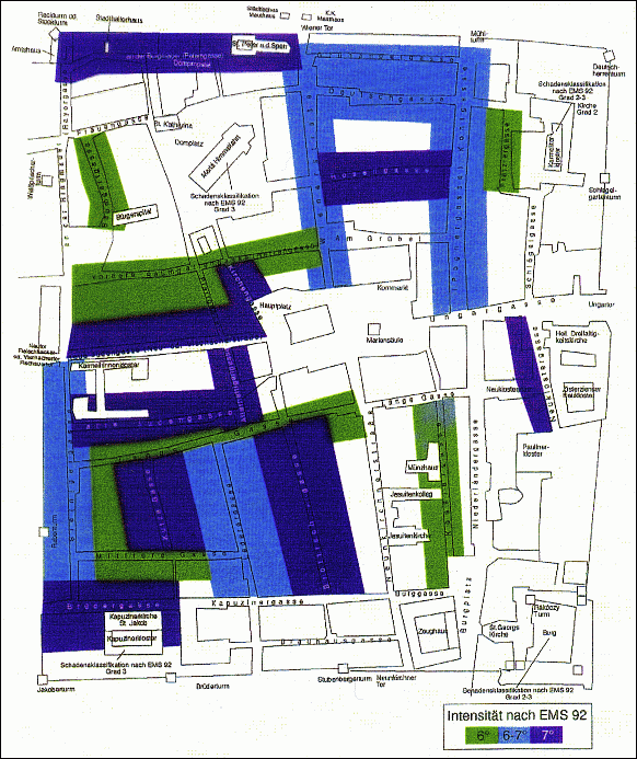 Karte der Schadensverteilung für Wiener Neustadt für das Beben vom 27. Februar 1768 