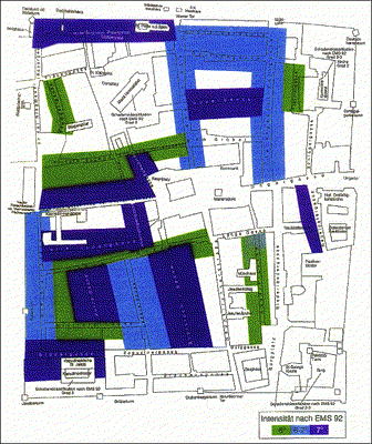 Karte der Schadensverteilung für Wiener Neustadt für das Beben vom 27. Februar 1768 