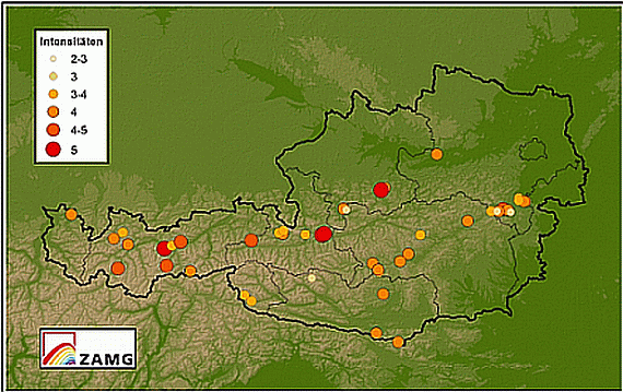 Verspürte Erdbeben in Österreich 2011