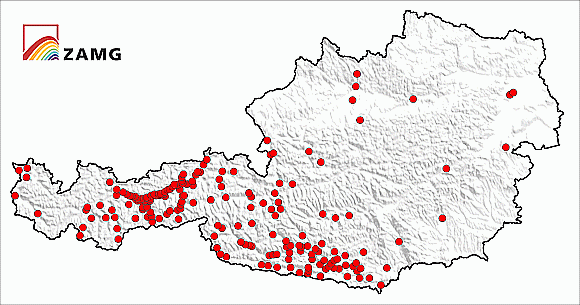 Darstellung der Orte, aus denen Wahrnehmungsberichte via online-Formular (www.zamg.ac.at/bebenmeldung) eingegangen sind.