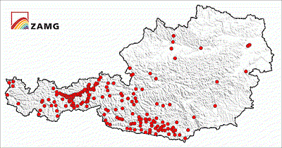 Darstellung der Orte, aus denen Wahrnehmungsberichte via online-Formular (www.zamg.ac.at/bebenmeldung) eingegangen sind.