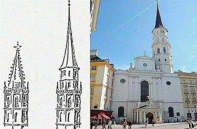 Die Abbildung zeigt den Turm der Michaelerkirche vor und nach dem Beben von 1590