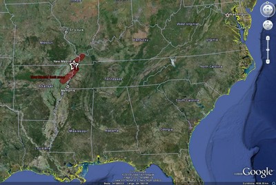 Die Lage des Erdbebens vom 7. Februar 1812 mit dem Verlauf der New Madrid Seismic Zone 