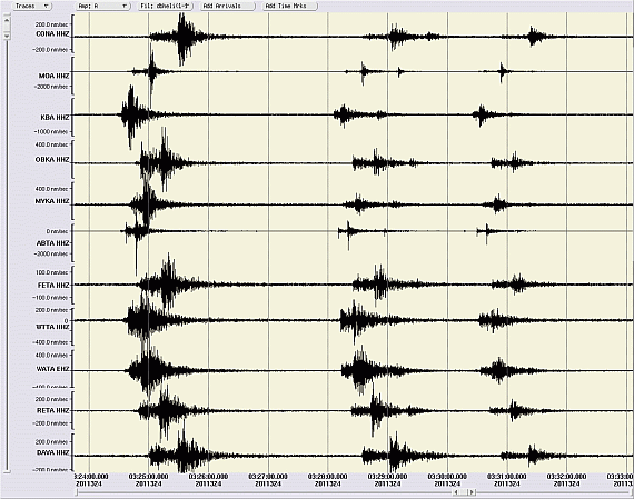 Seismogramme der drei verspürten Erdbeben innerhalb von 7 Minuten in Saalfelden am 20. November 2011