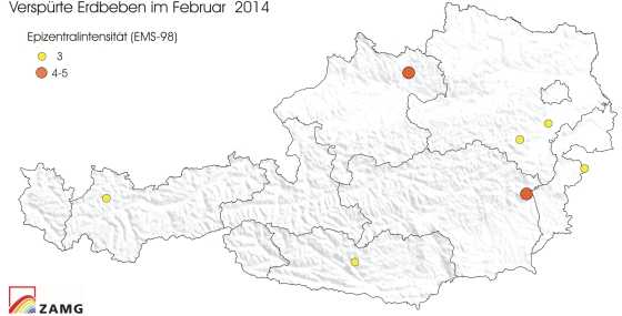 Verspürte Erdbeben im Feber 2014