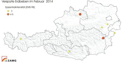 Verspürte Erdbeben im Feber 2014