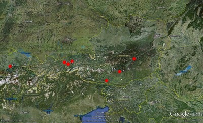 Verteilung der im Februar registrierten Erdbeben in Österreich