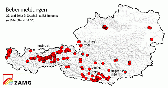 Bebenmeldungen in Österreich am 29. Mai 2012