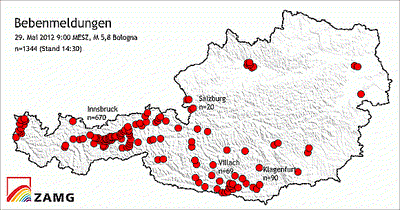 Bebenmeldungen in Österreich am 29. Mai 2012