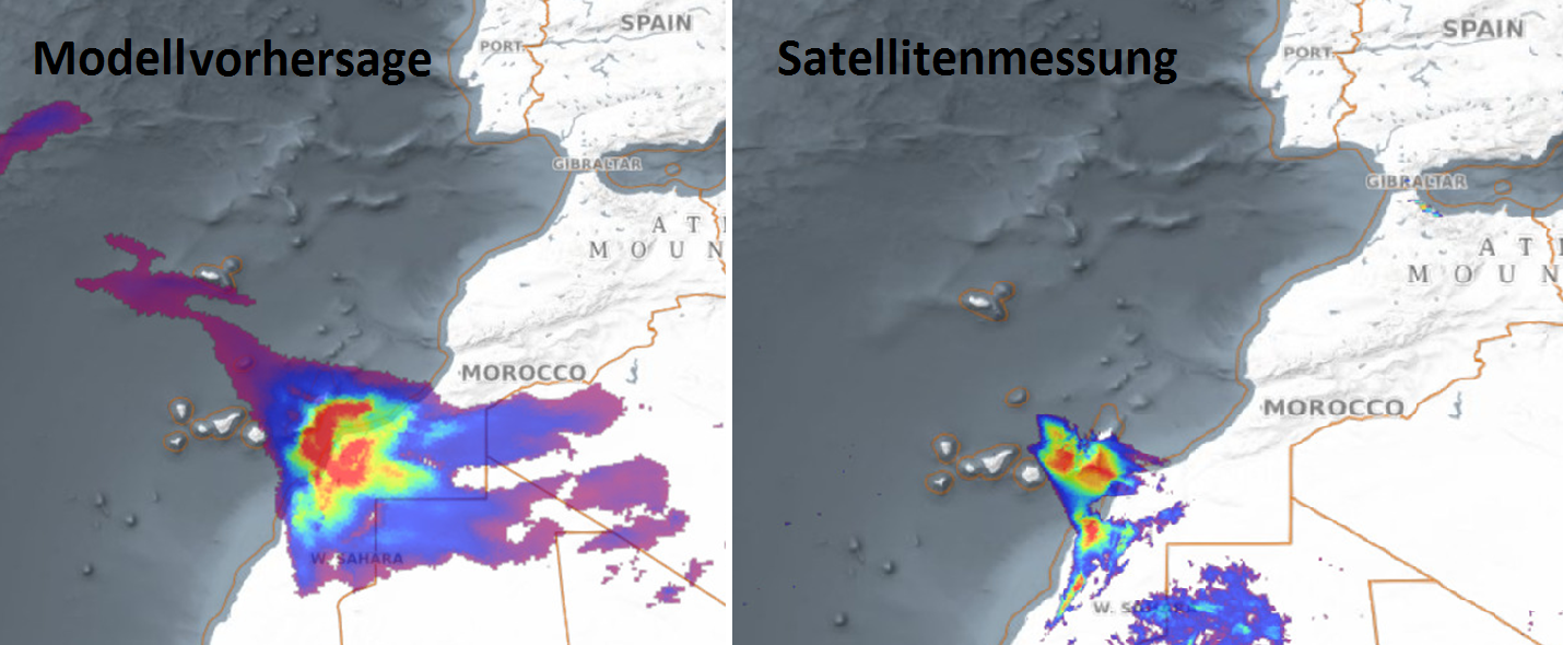 Modellvorhersage (links) des Saharastaubtransportes am 23. 2. 2020. Messungen des Aerosolindexes von TROPOMI (rechts).
