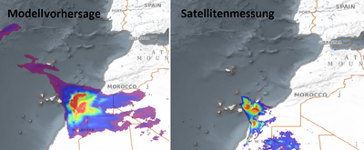 Modellvorhersage (links) des Saharastaubtransportes am 23. 2. 2020. Messungen des Aerosolindexes von TROPOMI (rechts).