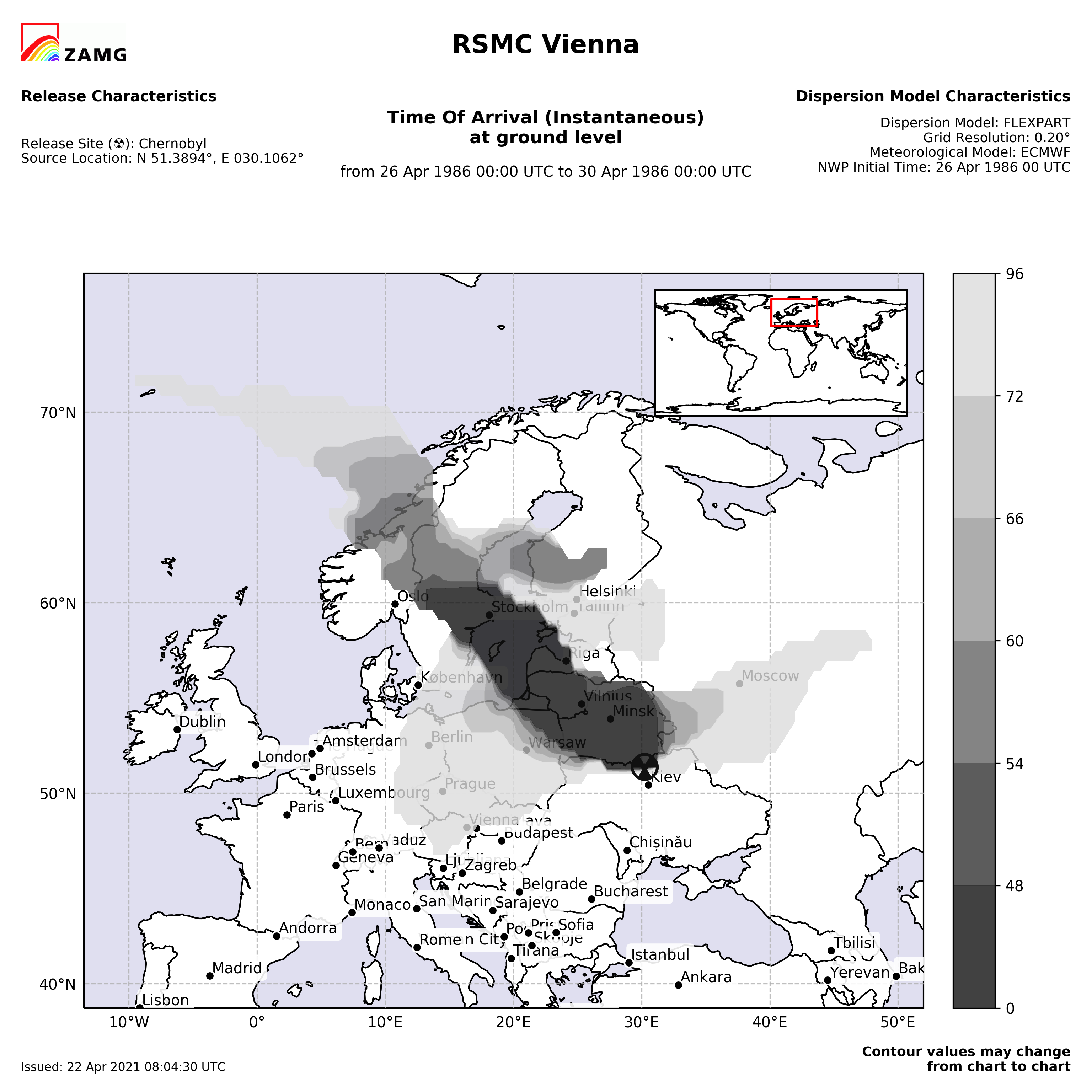 35 Jahre Tschernobyl: weltweite Vorhersage von Schadstoffwolken