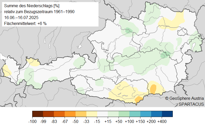 Relative Abweichung der über 31 Tage aufsummierten täglichen Niederschlagssumme bezüglich der Klimanormalperiode 1961 bis 1990